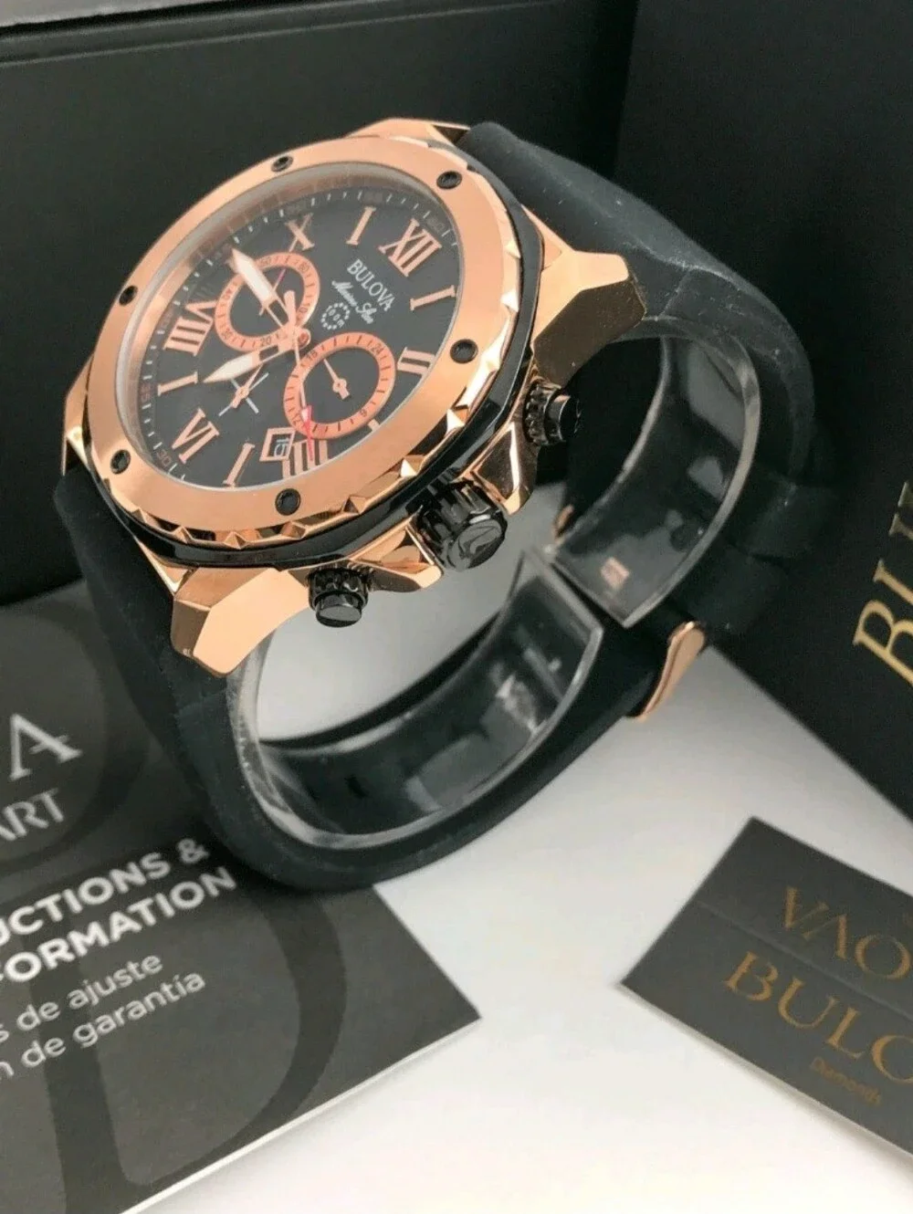 Bulova Marine Star 98B278 Black Dial Silicone Strap Men's Quartz Watch 44 mm